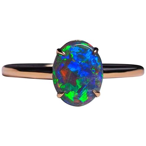 Black Opal Ring Gold Engagement Modern Australian Black Opal Art Deco