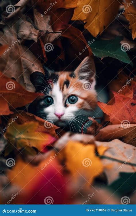 A Small Kitten Is Hiding In The Leaves Ai Generative Image Stock