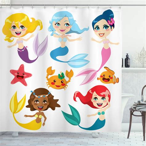 Mermaid Decor Shower Curtain Set Collection Of Cute Colorful Mermaids