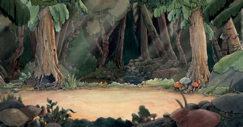 An Animated Scene With Trees And Rocks In The Foreground Surrounded By