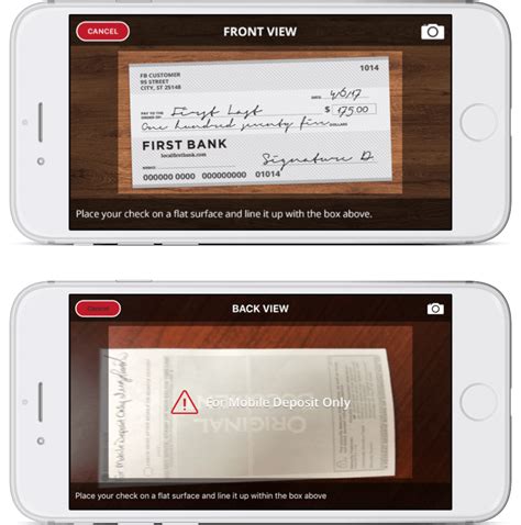 Download, install and open the bank of america app from the apple appstore (or update the app to the update past august 7, 2012).if running this app on flip this document 180 degrees upwards and rescan this side of the check, so the portion you signed with for deposit only appears on the left. Mobile Check Deposit | First Bank