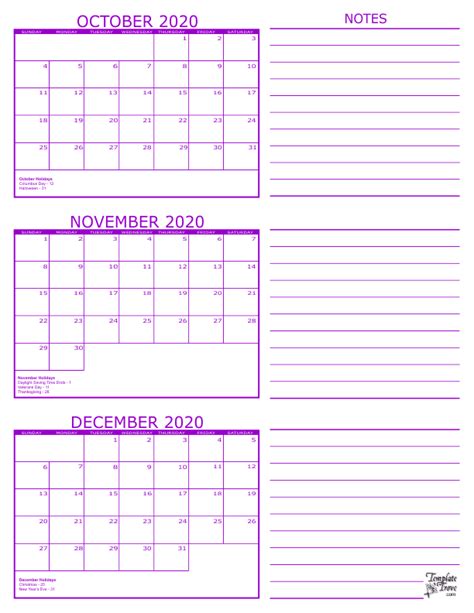 3 Month Calendar 2020