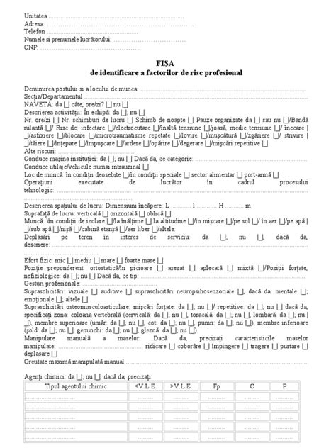 Fisa De Identificare A Factorilor De Risc Profesional Noua