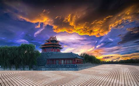 The Forbidden City China Texture Tress Sunset Castle Sky
