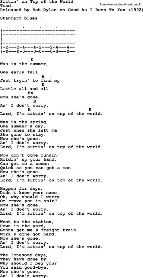 Bob Dylan song - Sittin' on Top of the World, lyrics and chords