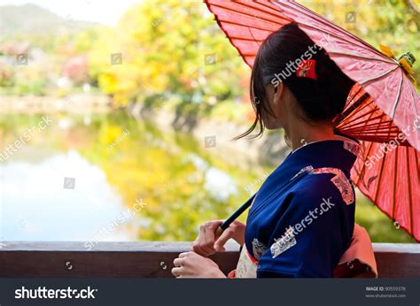 Japanese Kimono Woman Traditional Red Umbrella Stock Photo 90559378