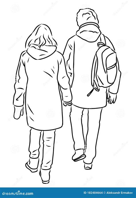 Outline Drawing Of Couple Citizens Walking Along Street Together Stock