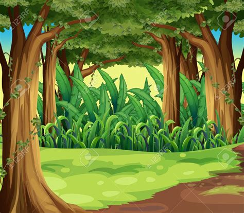 Cartoon Jungle Trees Forest Trees Scene Vector River Illustration