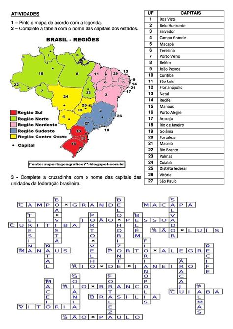 Atividade Com Mapa E Cruzadinha Brasil Capitais Suporte Geogr Fico