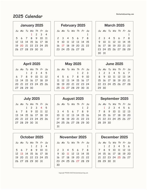 2025 Year Calendar One Page
