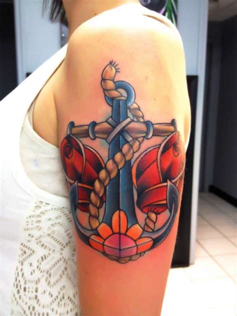 Traditional Anchor With Roses Tattoo