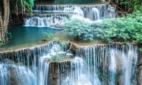 Lovely Cascading Waterfall With Green Shrub Desktop Wallpaper Hd For