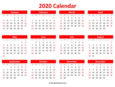 Printable 2020 Calendar Landscape Orientation