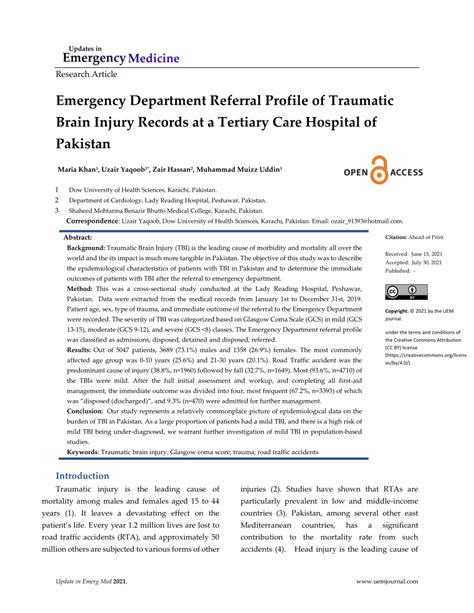 Pdf Emergency Department Referral Profile Of Traumatic Brain Injury