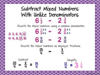 Watch this free video lesson. Subtract Mixed Numbers with Unlike Denominators Then Simplify Task Cards