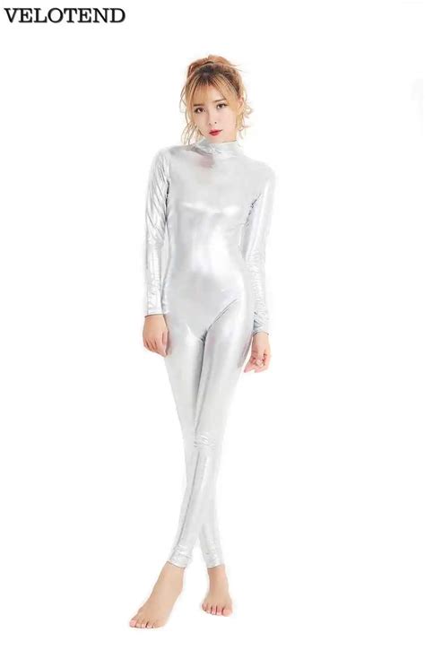 velotend women silver metallic catsuits long sleeveunitards full body bodysuit lycra spandex