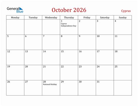 October 2026 Cyprus Monthly Calendar With Holidays