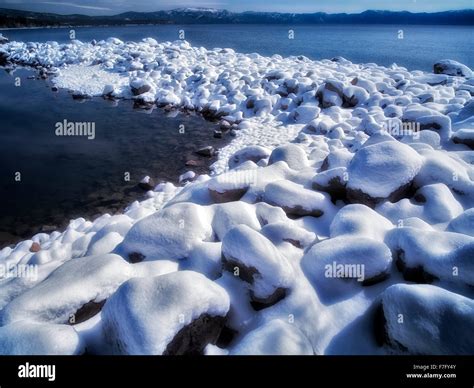 New Snow On Shore Of Lake Tahoe California Stock Photo Alamy