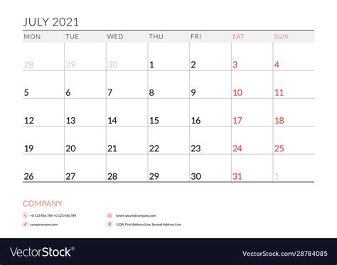 July 2021 Monthly Calendar Planner Printable Vector Image