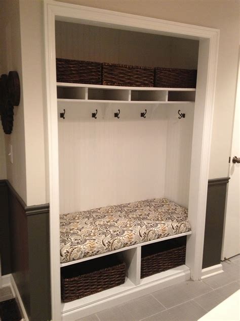 Unused Mudroom Closet Converted Into A Bench With Hooks And Storage