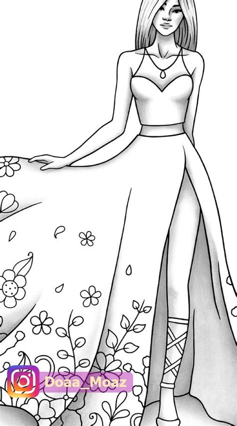 A Drawing Of A Woman In A Long Dress With Flowers On The Side And Her