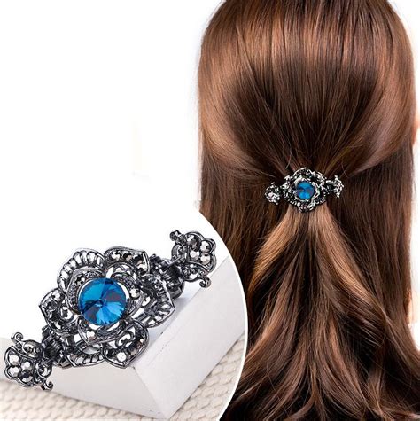 Silver Coconut Jeweled Crystal Rose Shaped Flower Hair Clips