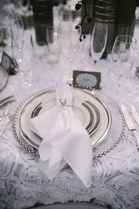 White Wedding Tablescape Satin Rosette Tablecloths And White