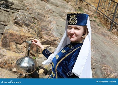 Woman With Metal Jug In Karachay Clothes Stock Image Image Of Graceful Festival 180924441