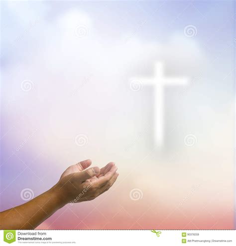 Open Hands Praying The Cross On Blur Sky Background Stock Image Image