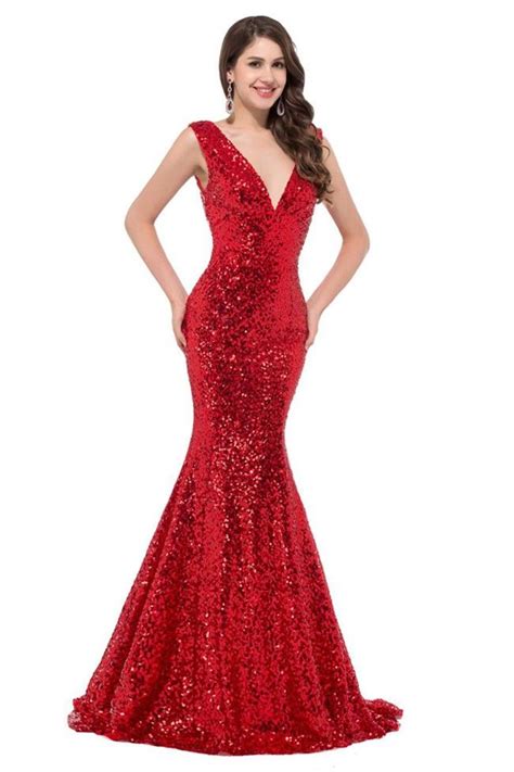 Glitter Mermaid V Neck Sleeveless Red Sequin Prom Dress Corset Back
