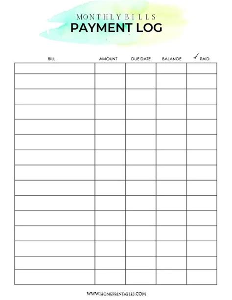 Organizer Free Printable Monthly Bill Payment Log