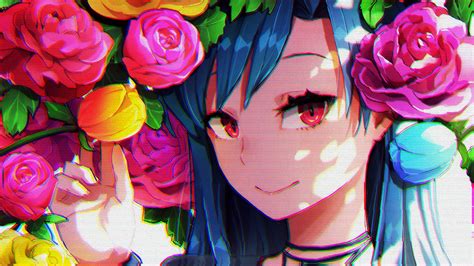 Female Anime Character Anime Girls Red Eyes Glitch Art Flowers Hd