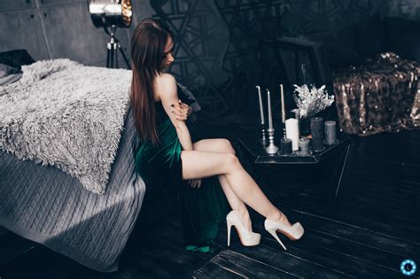 Wallpaper Women High Heels Green Dress Bed Sitting Candles Painted Nails Long Hair