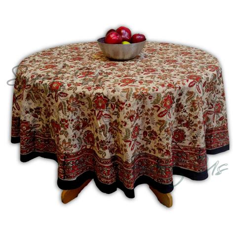 Floral Block Print Cotton Round Tablecloth Rectangle Square Beige Red