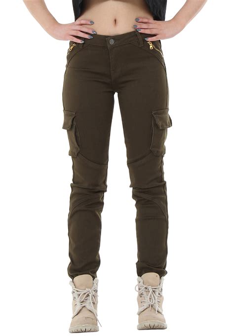 New Womens Black Green Slim Stretch Combat Pants Fitted Cargo Trousers