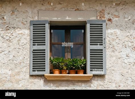 Traditional Rustic Wooden Shutters Window Mallorca Stock Photo Alamy