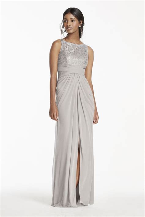 Sleeveless Mesh Metallic Dress With Corded Lace Silver Bridesmaid