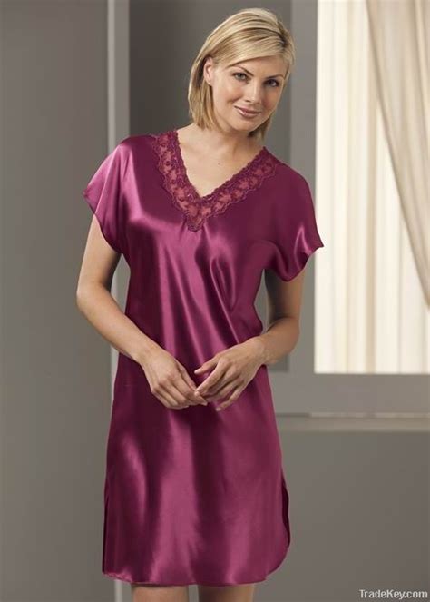 Ladies Silk Satin Short Sleeve V Neck Nightgown By Haian Fascinating