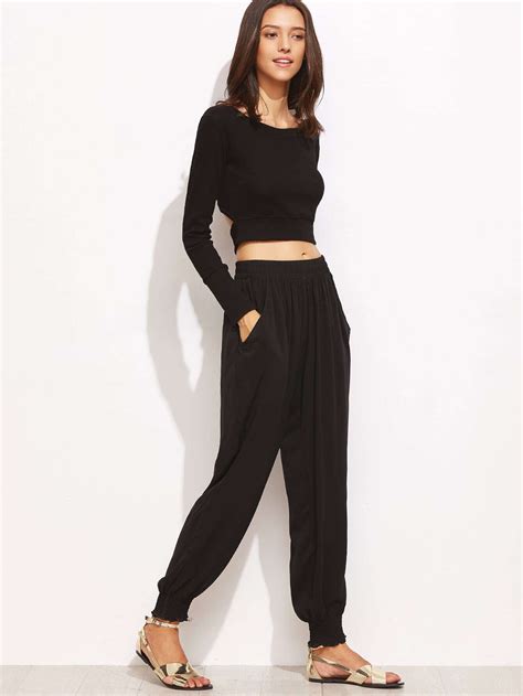 Black Elastic Waist Shirred Hem Harem Pants Sheinsheinside