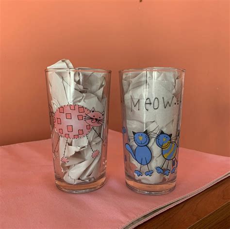 Cat Themed Clear Drinking Glasses Both Included Made In Indonesia Pink Cat Blue Cat Glassware
