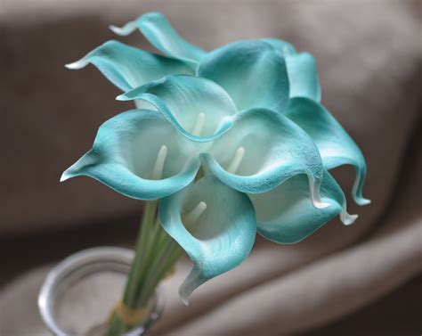 Teal White Center Calla Lilies Real Touch Flowers Diy Silk Etsy