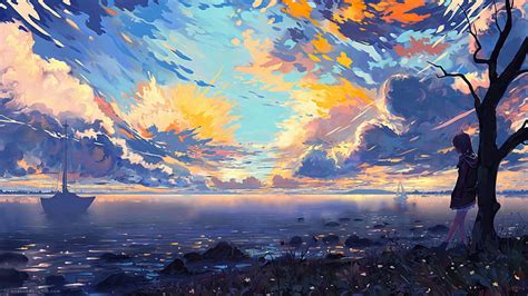 Paisaje De Anime Mar Barcos Colorido Nubes Escénico árbol