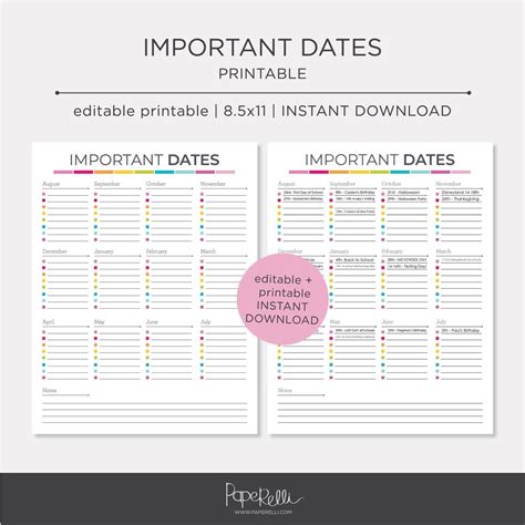 Printable Important Dates Calendar Editable Instant Download Etsy