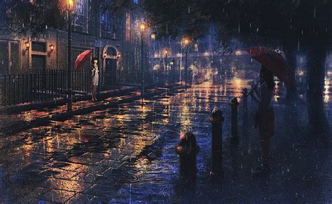 Hd Wallpaper Anime Girls Umbrella Rain Night City Street