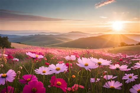 Premium Photo Pink Flowers In A Field Of Flowers At Sunset