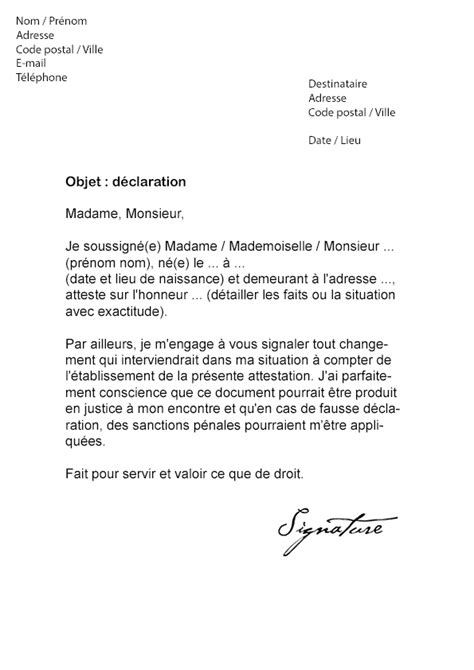 Exemple De Lettre De Declaration Sur Lhonneur Pdf Exemple De Lettre