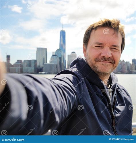 Happy Tourist Taking A Self Portrait In New York City Stock Image