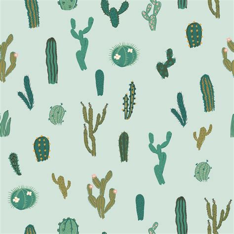 Vector Seamless Pattern With Cactus Repeated Texture With Green Cacti