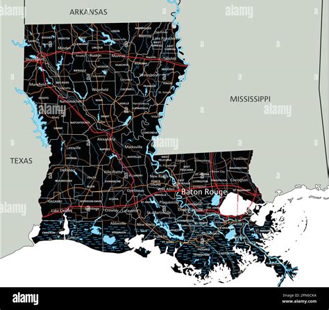 High Detailed Louisiana Road Map With Labeling Stock Vector Image And Art