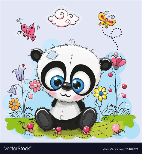 Cute Cartoon Panda With Flowers And Butterflies Vector Image